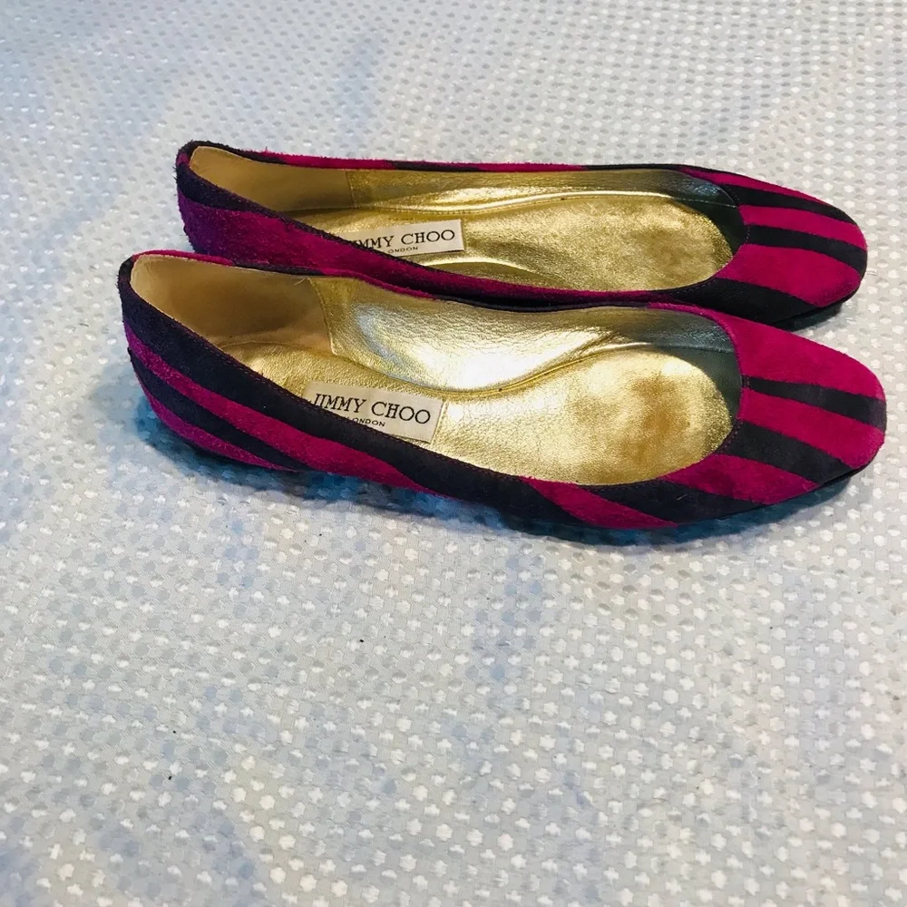 Jimmy Choo Pink and Black Striped Suede Ballet Flats
